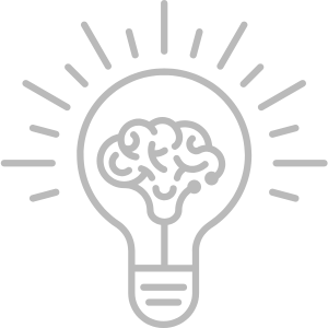 Creative Staffing: A gray outline of a lightbulb with a brain inside and rays emanating outward, symbolizing creativity, innovation, or intelligent ideas.