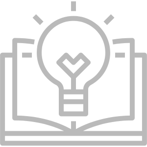 Education Staffing: A gray outline of an open book with a glowing lightbulb above it, symbolizing knowledge, ideas, or learning.