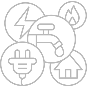 Utilities Staffing: A gray outline showing a faucet, an electric plug, a lightning bolt, a flame, and a house, representing utilities and household services like water, electricity, and gas.