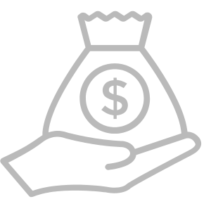 Finance Staffing: A gray outline of a hand holding a bag with a dollar sign, symbolizing financial transactions, savings, or monetary support.