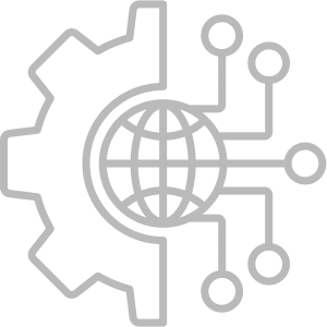 IT Staffing: A gray icon combining a gear, a globe, and network nodes, symbolizing technology, connectivity, and system integration.