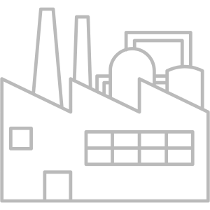 Manufacturing Staffing: A gray outline of an industrial factory with smokestacks and tanks, symbolizing manufacturing or industrial production.