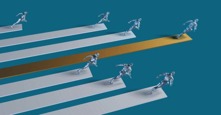 Recruiter Performance Training: Metallic silver figures running on parallel lanes, with one figure leading on a prominent gold lane, symbolizing competition, success, or standing out from the crowd.