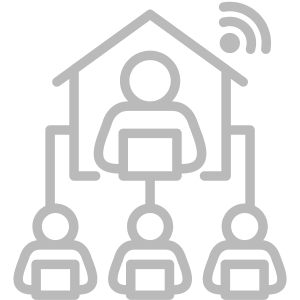 Remote Team Staffing: A gray outline of a house with a person at a laptop connected to three other people, symbolizing remote work or virtual collaboration.