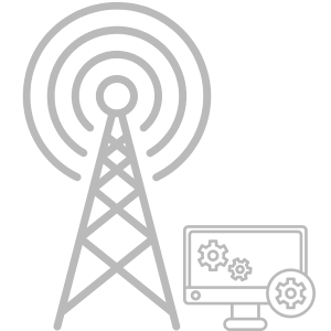 Software Staffing: A gray outline of a radio tower emitting signals, next to a computer monitor with gears, symbolizing wireless communication and system configuration.