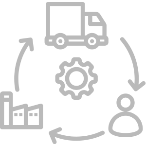 Supply Chain Staffing: A gray outline showing a circular flow with a factory, truck, gear, and person, symbolizing the supply chain or logistics process.