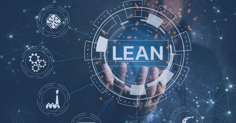 Lean Recruiting: A business professional's hand extends forward, appearing to hold a futuristic digital interface with the word 'LEAN' at its center. Surrounding the text are interconnected technology-themed icons, including gears, a factory, and automation symbols, representing efficiency and streamlined processes.