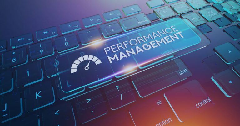 Recruiter Performance: Futuristic digital rendering of a computer keyboard with a glowing key labeled 'Performance Management' and a speedometer icon, symbolizing efficiency and optimization.