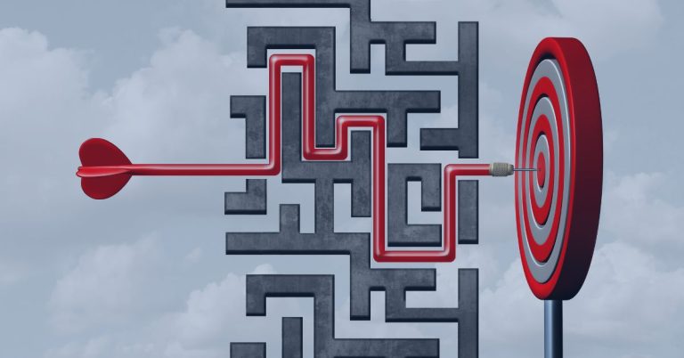 Recruiter Performance Goals: A red dart navigating through a complex maze before hitting the center of a target, symbolizing problem-solving and strategic success.