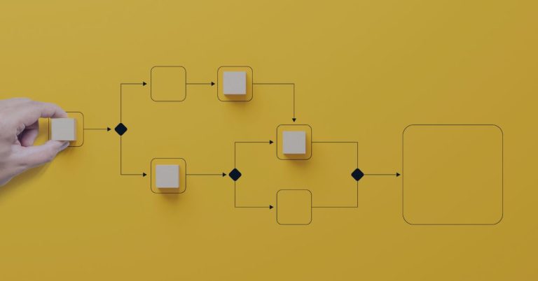 Recruiting Process Optimization: A hand placing a wooden block on a flowchart with black lines and symbols on a yellow background, representing process management or workflow optimization.