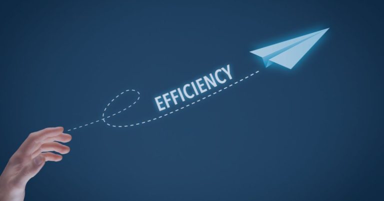 Recruiting Search Efficiency: A hand launching a blue paper airplane with the word 'EFFICIENCY' along its flight path, symbolizing streamlined processes or productivity.