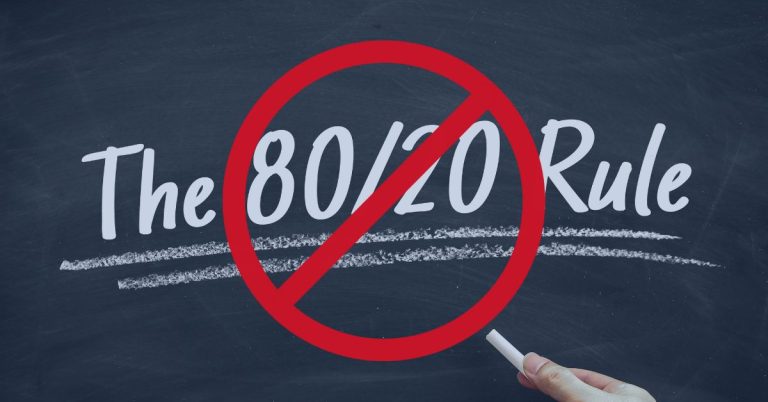 Strategic Staffing Solutions: A chalkboard with the words "The 80/20 Rule" written in chalk, struck through with a red prohibition sign. A hand holding chalk appears in the lower right corner.