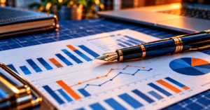 Executive fountain pen resting across a performance analytics report with blue and orange charts on a navy blueprint-covered desk.