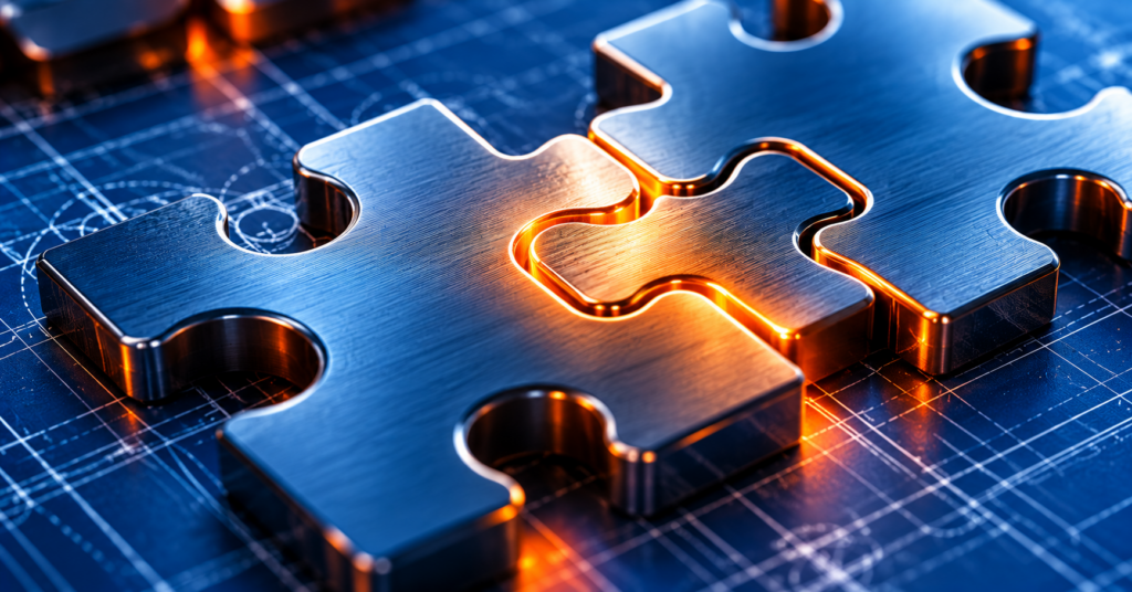 Interlocking precision-machined steel puzzle pieces illuminated with blue and orange light, representing integrated cross-functional teamwork.