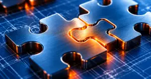 Interlocking precision-machined steel puzzle pieces illuminated with blue and orange light, representing integrated cross-functional teamwork.
