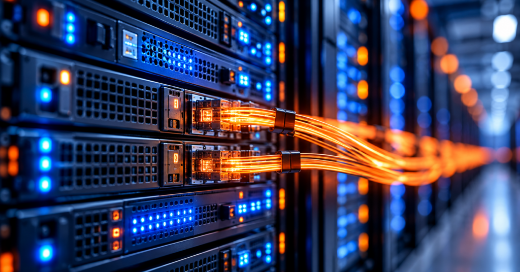 Server racks with glowing blue status lights and bright orange fiber-optic connections, representing fast, reliable data retrieval.
