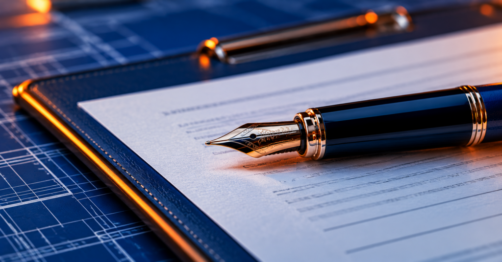 Executive fountain pen resting on a formal contract document atop a navy blueprint, highlighted by warm orange accent lighting.