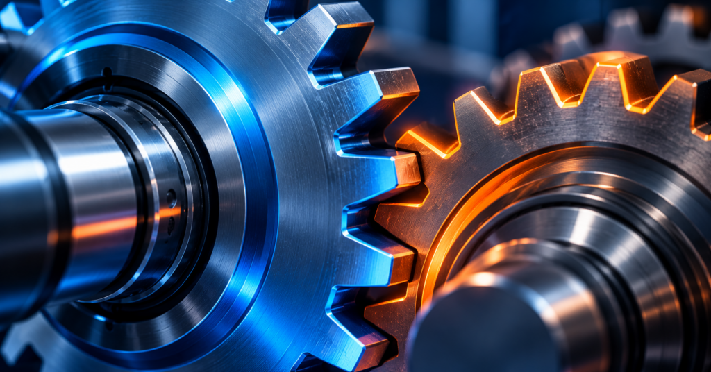Two precision-machined steel gears interlocking under contrasting blue and orange lighting, representing synchronized operational performance.