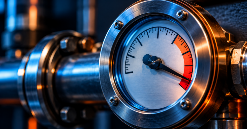 Close-up of an industrial flow meter with its needle entering a red restricted zone, illuminated by cool blue and warm orange accent lighting to represent pipeline health and operational bottlenecks.