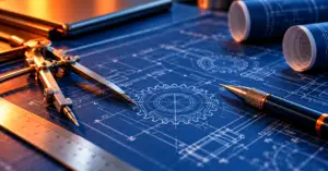 Precision drafting compass and pen resting on a detailed navy engineering blueprint, illuminated by warm orange accent lighting.