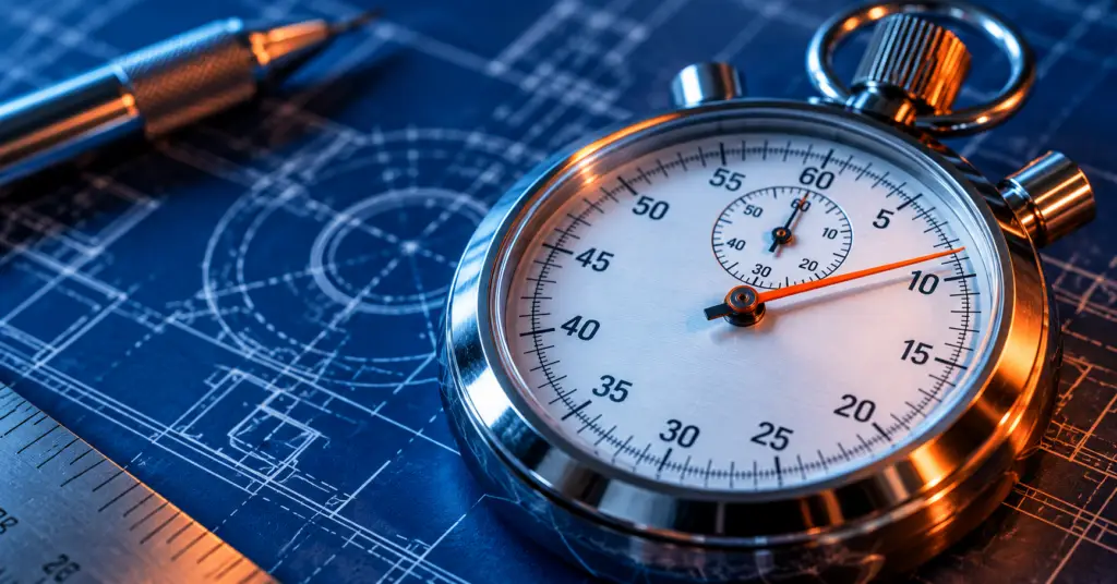 Precision mechanical stopwatch resting on a navy engineering blueprint with warm orange highlights, representing speed and submittal velocity.