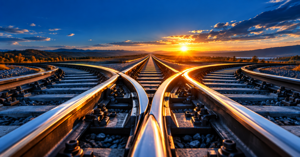Multiple railway tracks merging into a single line toward a glowing sunset, symbolizing unified momentum and operational direction.