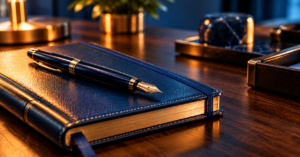 Leather-bound executive notebook and fountain pen resting on a polished dark walnut desk, illuminated by warm gold and corporate navy lighting to convey thoughtful planning and focused execution.