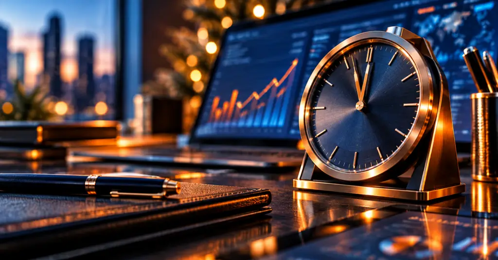 Executive desk clock approaching midnight beside a financial analytics display with rising charts, illuminated in deep corporate blue and warm orange light to symbolize year-end timing and execution.
