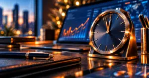 Executive desk clock approaching midnight beside a financial analytics display with rising charts, illuminated in deep corporate blue and warm orange light to symbolize year-end timing and execution.
